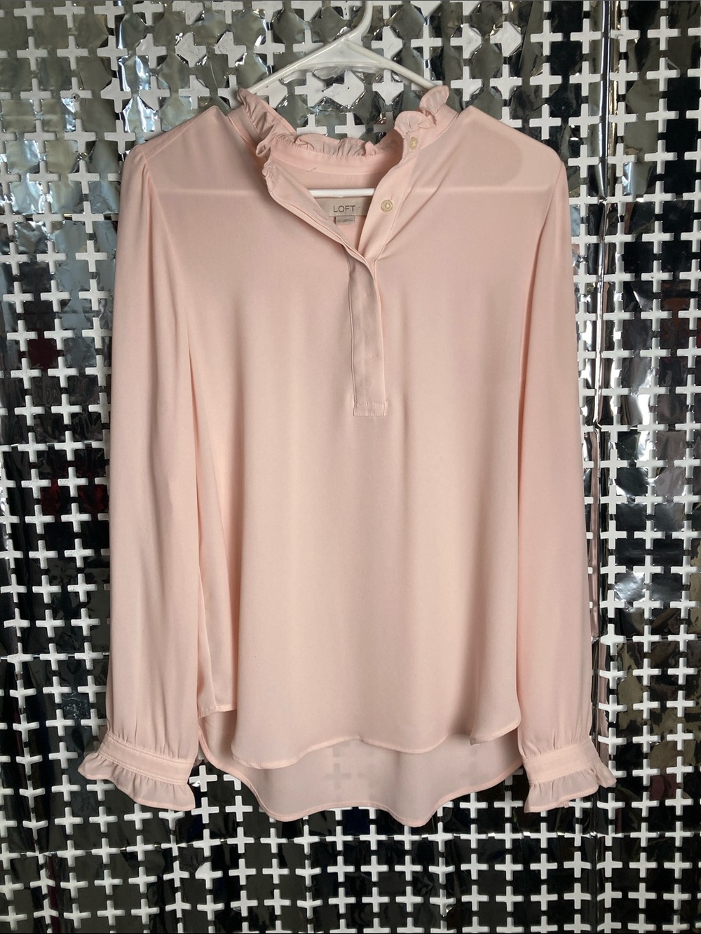 LOFT Light Pink Ruffle-Neck Long Sleeve Blouse